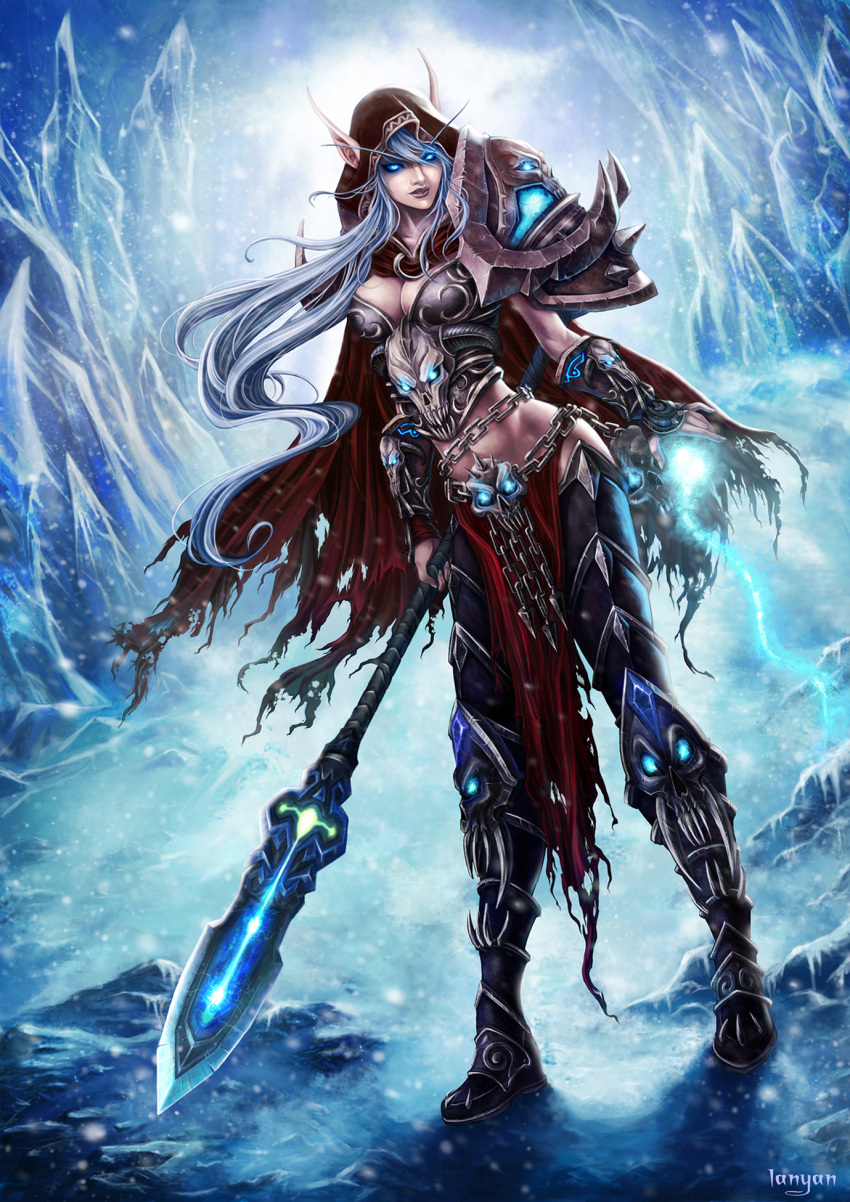 Safebooru Armor Blue Eyes Blue Hair Elf Gauntlets Highres Ice Navel