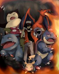 blastoise charizard dragon epic fingerless_gloves gloves hat nintendo pikachu pokemon pokemon_(game) pokemon_gsc pokemon_rgby punchiki red_(pokemon) snorlax venusaur rating:Safe score:3 user:Gelbooru