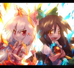 ayakashi_(monkeypanch) bad_id bow brown_hair fire flame fujiwara_no_mokou grin hair_bow highres long_hair multiple_girls red_eyes reiuji_utsuho silver_hair smile suspenders touhou wings rating:Safe score:0 user:Gelbooru