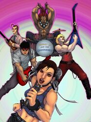ahoge akuma angryzenmaster bass_guitar black_hair blonde_hair bracelet brown_eyes brown_hair bun_cover chain chains chun-li double_bun drum earrings flying_v gouki guitar headband hibiki_dan instrument jewelry ken_masters muscle navel red_hair redhead ryu ryuu_(street_fighter) skull spiked_bracelet spikes strat(guitar) street_fighter rating:Safe score:0 user:Gelbooru