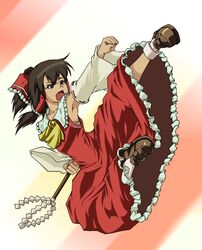 armpits baiken_(artist) brown_hair detached_sleeves flat_chest gohei hakurei_reimu hokuto_no_ken kick kicking nanto_gokuto_ken necktie parody solo touhou rating:Safe score:0 user:Gelbooru