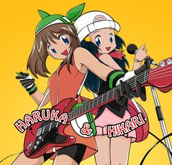bandana bike_shorts blue_eyes brown_hair character_name guitar haruka_(pokemon) haruka_(pokemon)_(remake) hat hikari_(pokemon) instrument microphone microphone_stand multiple_girls nintendo pokemon pokemon_(game) pokemon_rse strat(guitar) yellow_background rating:Safe score:0 user:Gelbooru