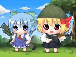 :d ak-47 assault_rifle bad_id blonde_hair blue_eyes blue_hair blush bow chibi cirno fang gun hair_bow hair_ribbon hand_on_hip handgun helmet kyokutou_hentai_samurai makarov_pm multiple_girls open_mouth pistol red_eyes ribbon rifle rocket_launcher rumia short_hair smile strela-2 team_9 touhou weapon wings rating:Safe score:0 user:Gelbooru