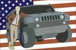 america america_(hetalia) axis_powers_hetalia blonde_hair bomber_jacket car flag genmaipudding glasses gloves grin hummer hummer_h2 male military military_uniform motor_vehicle necktie smile solo uniform vehicle rating:Safe score:0 user:Gelbooru