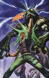 chris_redfield claws highres hunter_(resident_evil) male manly monster muscle punch punching resident_evil uppercut rating:Safe score:0 user:Gelbooru