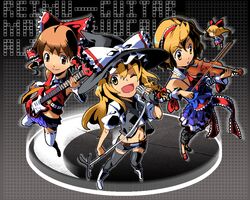 alternate_costume band blonde_hair bow braid brown_eyes brown_hair contemporary detached_sleeves doll fingerless_gloves gloves guitar hair_bow hairband hakurei_reimu hat instrument kirisame_marisa matching_shanghai microphone microphone_stand midriff miniskirt navel pleated_skirt shanghai shanghai_doll short_hair shorts skirt strat(guitar) thigh-highs thighhighs touhou violin wink witch_hat yellow_eyes yuuzii rating:Safe score:0 user:Gelbooru