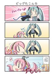4koma :3 comic dekosuke giantess hatsune_miku inflation kagamine_rin megurine_luka musical_note takoluka translated translation_request twintails vocaloid rating:Safe score:0 user:Gelbooru