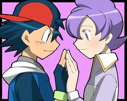 1girl amada anabel_(pokemon) bad_id baseball_cap blue_eyes blue_hair blush couple fingerless_gloves gloves hand_to_hand hat hoodie lila_(pokemon) nintendo pokemon pokemon_(anime) pokemon_(game) pokemon_rse purple_eyes purple_hair satoshi_(pokemon) short_hair simple_background symmetrical_hand_pose violet_eyes rating:Safe score:1 user:Gelbooru