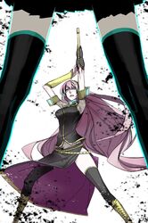 armpits between_legs detached_sleeves hatsune_miku highres long_hair megurine_luka miwa_shirou miwa_shirow parody pink_hair psychogun skirt space_adventure_cobra thigh-highs thighhighs very_long_hair vocaloid weapon rating:Safe score:0 user:Gelbooru