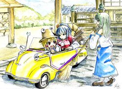 blue_hair broom car detached_sleeves eyes frog green_eyes green_hair hair_ornament hat kochiya_sanae left-hand_drive long_hair master_(4th) messerschmitt moriya_suwako motor_vehicle onbashira shimenawa short_hair touhou traditional_media vehicle watercolor_(medium) yasaka_kanako yellow_eyes rating:Safe score:1 user:Gelbooru