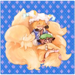 animal_ears bad_id blonde_hair blush brown_hair cat_ears cat_tail chen chibi earrings fang fox_tail hat hug jewelry multiple_girls red_eyes ruto_(petatann) short_hair tail tail_hug touhou yakumo_ran rating:Safe score:0 user:Gelbooru