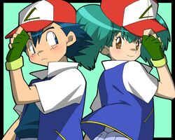 1girl amada brown_eyes cosplay couple duplica fingerless_gloves gloves green_hair hat imite_(pokemon) nintendo pokemon pokemon_(anime) satoshi_(pokemon) satoshi_(pokemon)_(classic) satoshi_(pokemon)_(cosplay) rating:Safe score:0 user:Gelbooru