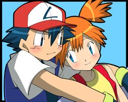1girl amada blue_eyes couple gloves hat hug hug_from_behind kasumi_(pokemon) nintendo orange_hair pokemon pokemon_(anime) satoshi_(pokemon) satoshi_(pokemon)_(classic) side_ponytail rating:Safe score:1 user:Gelbooru
