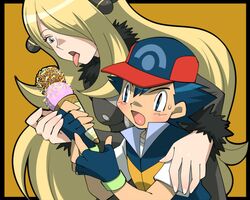 1girl age_difference amada couple fingerless_gloves food gloves hair_over_one_eye hat ice_cream long_hair nintendo pokemon pokemon_(anime) pokemon_(game) pokemon_dppt satoshi_(pokemon) shirona_(pokemon) tongue very_long_hair rating:Safe score:0 user:Gelbooru