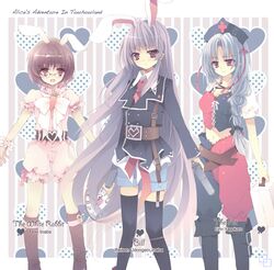 alice_in_wonderland alternate_costume animal_ears belt bespectacled blue_hallelujah bunny_ears character_name glasses gun handgun hat inaba_tewi lan_hallelujah multiple_girls rabbit_ears reisen_udongein_inaba thighhighs touhou weapon yagokoro_eirin rating:Safe score:0 user:Gelbooru