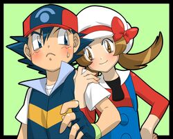 1girl amada baseball_cap brown_eyes brown_hair cabbie_hat couple fingerless_gloves gloves hand_on_hip hat hat_ribbon kotone_(pokemon) pokemon pokemon_(anime) pokemon_(game) pokemon_gsc red_ribbon ribbon satoshi_(pokemon) sweatdrop twintails rating:Safe score:1 user:Gelbooru