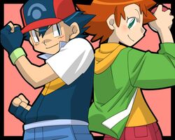 >:) 1girl amada back-to-back baseball_cap brown_hair fingerless_gloves gloves green_eyes hat holding holding_poke_ball poke_ball pokemon pokemon_(anime) satoshi_(pokemon) short_hair smile yumomi_(pokemon) rating:Safe score:0 user:Gelbooru
