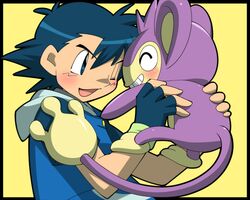 ^_^ aipom amada closed_eyes fingerless_gloves gloves holding lifting male no_hat no_headwear open_mouth pokemon pokemon_(anime) satoshi_(pokemon) smile solo wink rating:Safe score:1 user:Gelbooru