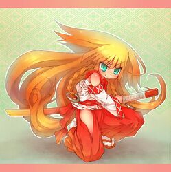 braid detached_sleeves green_eyes highres japanese_clothes kneeling long_hair miko no_panties orange_hair original sandals sankuma sarashi smirk solo sword twin_braids very_long_hair weapon wooden_sword rating:Safe score:0 user:danbooru