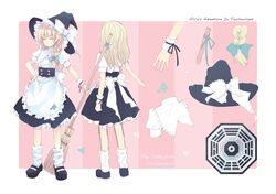 apron ba_gua blonde_hair blue_hallelujah braid broom character_sheet closed_eyes crossover dress grin hair_ribbon hat heart kirisame_marisa lan_hallelujah mary_janes mini-hakkero ribbon shoes smile socks spade touhou turnaround witch witch_hat rating:Safe score:1 user:danbooru