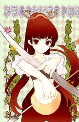 arrow art_nouveau bow_(weapon) brown_eyes brown_hair centaur highres itou_noiji long_hair original ponytail sagittarius solo weapon zodiac rating:Safe score:2 user:danbooru