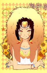 art_nouveau bracelet breasts cleavage eyeshadow facial_mark facial_markings fingernails flower highres itou_noiji jewelry leo nail_polish nails original smile solo sunflower yellow_eyes zodiac rating:Safe score:3 user:danbooru
