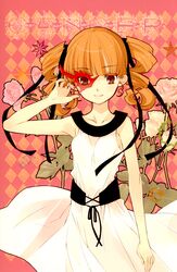 art_nouveau brown_eyes brown_hair cancer dress drill_hair flower hair_ribbon highres itou_noiji original ribbon smile solo twintails zodiac rating:Safe score:5 user:danbooru