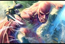 battle city dual_wielding eren_jaeger exposed_muscle foreshortening giant monster murase_rintarou muscle shingeki_no_kyojin sword teeth weapon rating:Safe score:2 user:danbooru