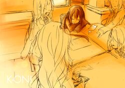black_hair closed_eyes desk hirasawa_yui imagining k-on! kotobuki_tsumugi long_hair monochrome nakano_azusa school_uniform sepia sorasou_torikodan tainaka_ritsu tea twintails rating:Safe score:2 user:danbooru