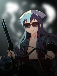 1girl :< arnold_schwarzenegger belt biker_clothes blue_hair cosplay crossover glowing_eye gun hat ikamusume leather_jacket long_hair motor_vehicle motorcycle omotyanoneko open_clothes open_jacket parody shinryaku!_ikamusume shotgun solo sunglasses t-800 terminator vehicle weapon rating:Safe score:1 user:danbooru