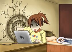 brown_eyes brown_hair computer crack crazy crazy_eyes dakimakura dakimakura_(object) death_flag hair_ribbon hirasawa_ui hirasawa_yui k-on! laptop pillow ponytail punching ribbon samuraichamp shaded_face shockwave short_hair wall_punch yandere rating:Safe score:4 user:danbooru
