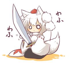 :< animal_ears chibi cleaning detached_sleeves hat inubashiri_momiji o_o powder_ball seiza shield short_hair silver_hair sitting solo sword tail tokin_hat touhou viva!! weapon white_hair wolf_ears wolf_tail rating:Safe score:1 user:danbooru