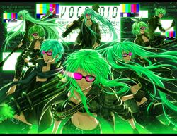 ammunition_belt belt binary bokura_no_16bit_warz_(vocaloid) explosive gatling_gun glasses goggles green_eyes green_hair grenade gumi gun hatsune_miku headset jacket kagamine_len kagamine_rin kaito kamui_gakupo megurine_luka meiko navel ponytail scarf smile twintails vocaloid weapon yuuno_(yukioka) rating:Safe score:2 user:danbooru