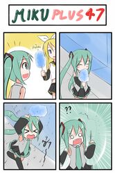 4koma alternate_hairstyle catstudio_(artist) comic cotton_candy food hatsune_miku highres kagamine_rin multiple_girls thai thighhighs translated vocaloid rating:Safe score:0 user:danbooru