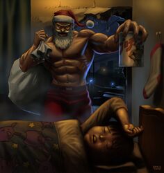 child christmas epic facial_hair footwear hat male matataku muscle mustache original realistic sack santa_claus santa_hat sleeping socks sweat translated what you_gonna_get_raped rating:Safe score:0 user:danbooru