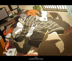 adventure_kajiya04 androgynous animal bad_id barefoot bed book bunny calendar carrot cellphone computer computer_mouse digital_clock dutch_angle food hair_ornament hairclip hamburger hug mibu_hajime new_year nintendo_ds original phone photo_(object) picture_frame pillow rabbit sleeping solo text tissue_box too_many trashcan window rating:Safe score:0 user:danbooru
