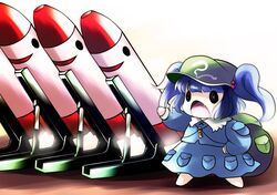 backpack bag blue_hair chibi fang hair_bobbles hair_ornament hat highres kawashiro_nitori key mimi-chan missile o_o pocket pockets solo touhou yume_shokunin rating:Safe score:2 user:danbooru