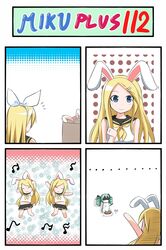 animal_ears aqua_hair blonde_hair blue_eyes bunny_ears catstudio_(artist) comic hatsune_miku highres kagamine_rin long_hair thai vocaloid rating:Safe score:0 user:danbooru