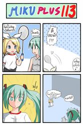aqua_eyes aqua_hair badminton badminton_racket blonde_hair blue_eyes catstudio_(artist) comic hatsune_miku highres kagamine_rin racket smile thai translated translation_request vocaloid rating:Safe score:0 user:danbooru