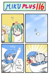 aqua_eyes aqua_hair badminton blonde_hair blue_eyes blue_hair catstudio_(artist) comic hatsune_miku highres kagamine_rin kaito partially_translated thai translated translation_request vocaloid rating:Safe score:0 user:danbooru