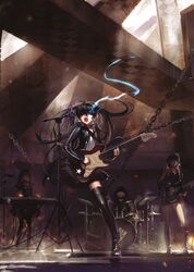 absurdres alphonse_(white_datura) bass_guitar black_gold_saw black_hair black_rock_shooter black_rock_shooter_(character) blue_eyes boots cable chain chains dead_master dress drum drum_set frilled_skirt glowing glowing_eyes guitar highres hooded_jacket hoodie instrument keyboard keyboard_(instrument) long_hair microphone microphone_stand multiple_girls necktie open_mouth pantyhose silver_hair singing skirt star strength_(black_rock_shooter) thigh-highs thigh_boots thighhighs twintails very_long_hair zettai_ryouiki rating:Safe score:6 user:danbooru