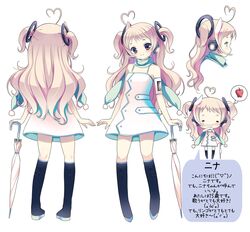 ahoge apple bad_id blush blush_stickers character_sheet chibi dress food fruit hair_ornament heart heart_ahoge highres long_hair masushita_ito nina_(masushita_ito) original short_twintails thought_bubble translated turnaround twintails umbrella vocaloid rating:Safe score:2 user:danbooru