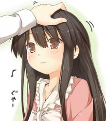 black_hair blush brown_eyes brown_hair bust dress efe face hand_on_head hands houraisan_kaguya long_hair petting pink_dress smile solo touhou rating:Safe score:0 user:danbooru