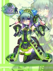 black_legwear blush boots breasts detached_sleeves gradient_hair hat highres impossible_clothes impossible_clothing kneeling mamuru mokune_ritsu multicolored_hair original purple_eyes single_thighhigh skirt solo thigh-highs thigh_boots thigh_strap thighhighs tongue violet_eyes vocaloid wink rating:Safe score:2 user:danbooru