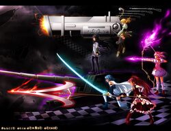 alternate_weapon boots bow_(weapon) brown_legwear checkered checkered_floor detached_sleeves drill_hair epic fingerless_gloves gloves gun hair_ornament hairpin huge_weapon kaname_madoka letterboxed madoka_runes magical_girl magical_musket mahou_shoujo_madoka_magica miki_sayaka military military_vehicle pleated_skirt polearm puffy_sleeves ribbon rifle sakura_kyouko shian_(my_lonly_life.) skirt spear sword tank thighhighs tiro_finale tomoe_mami twin_drills vehicle vertical-striped_legwear vertical_stripes weapon zettai_ryouiki rating:Safe score:0 user:danbooru