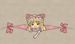 akihiyo blonde_hair bow chibi eyes gap gloves hat hat_bow long_hair open_mouth smile solo touhou yakumo_yukari rating:Safe score:1 user:danbooru