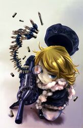 absurdres aqua_eyes blonde_hair boots bullet coat from_above fur_collar gun hat highres kagamine_rin machine_gun pig0519 psycho-puzzle rifle short_hair solo vocaloid weapon rating:Safe score:0 user:danbooru
