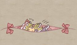 akihiyo blonde_hair blush_stickers bow chibi eyes fall falling gap gloves hat hat_bow long_hair open_mouth purple_eyes smile solo touhou yakumo_yukari rating:Safe score:2 user:danbooru