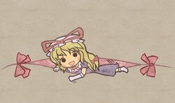 akihiyo blonde_hair blush_stickers bow chibi eyes gap gloves hair_bow hat hat_bow long_hair open_mouth smile solo touhou yakumo_yukari rating:Safe score:1 user:danbooru