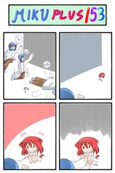 animal_ears blue_hair cat_ears catstudio_(artist) chibi comic dress falling highres kaito leg_grab poking puni_(miku_plus) red_hair redhead scarf stick sweat thai translation_request vocaloid white_dress rating:Safe score:0 user:danbooru